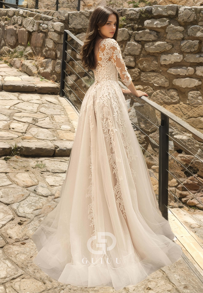 A-Line Sweetheart Tulle Lace Appliques Wedding Dress with Sleeves