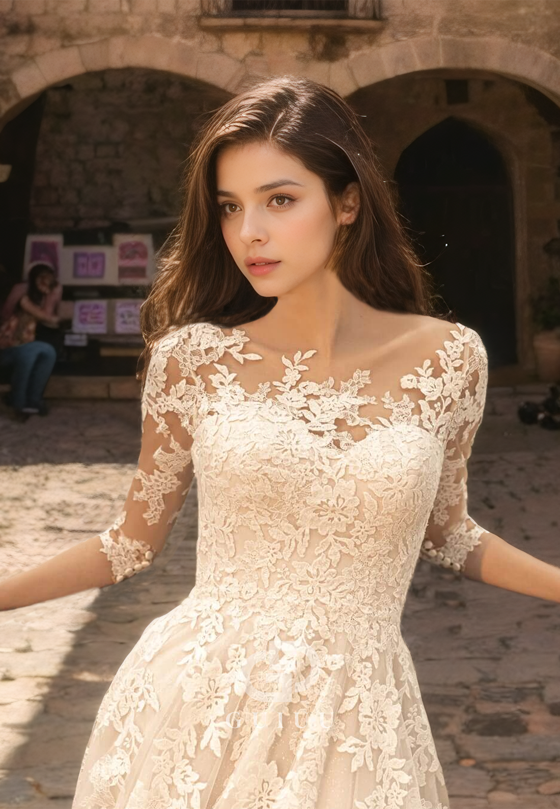 A-Line Sweetheart Tulle Lace Appliques Wedding Dress with Sleeves