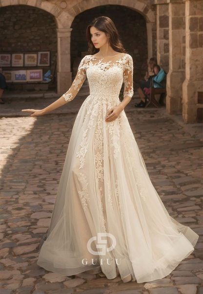 A-Line Sweetheart Tulle Lace Appliques Wedding Dress with Sleeves