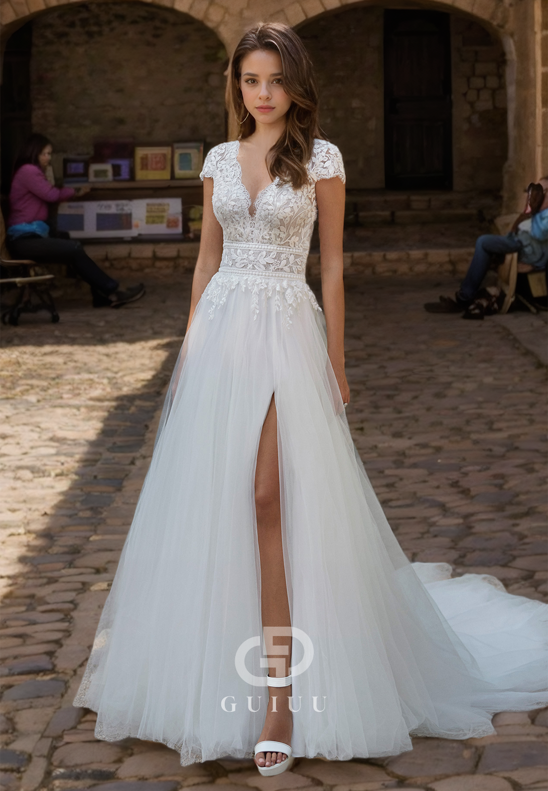 A-Line Tulle  Lace Appliques V-Neck Wedding Dress with Sweep Train