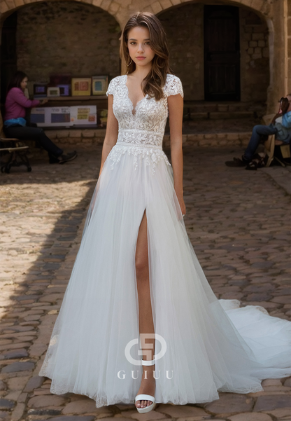 A-Line Tulle  Lace Appliques V-Neck Wedding Dress with Sweep Train