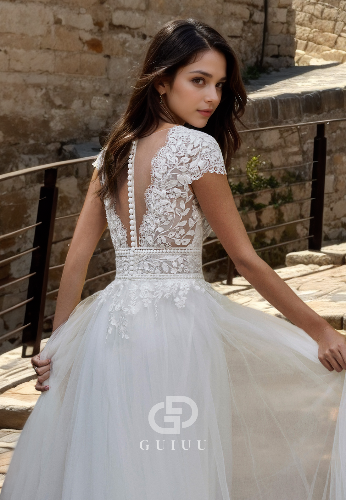 A-Line Tulle  Lace Appliques V-Neck Wedding Dress with Sweep Train