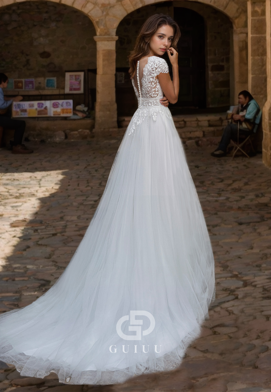 A-Line Tulle  Lace Appliques V-Neck Wedding Dress with Sweep Train