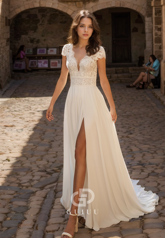 A-Line V-Neck Lace Appliques Ruched Wedding Dress with Side Slit and Sleeves