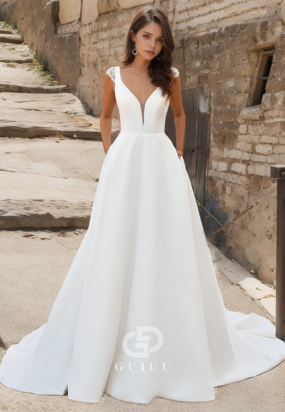 A-Line V-Neck Simple Open Back Wedding Dress with Pockets and Straps