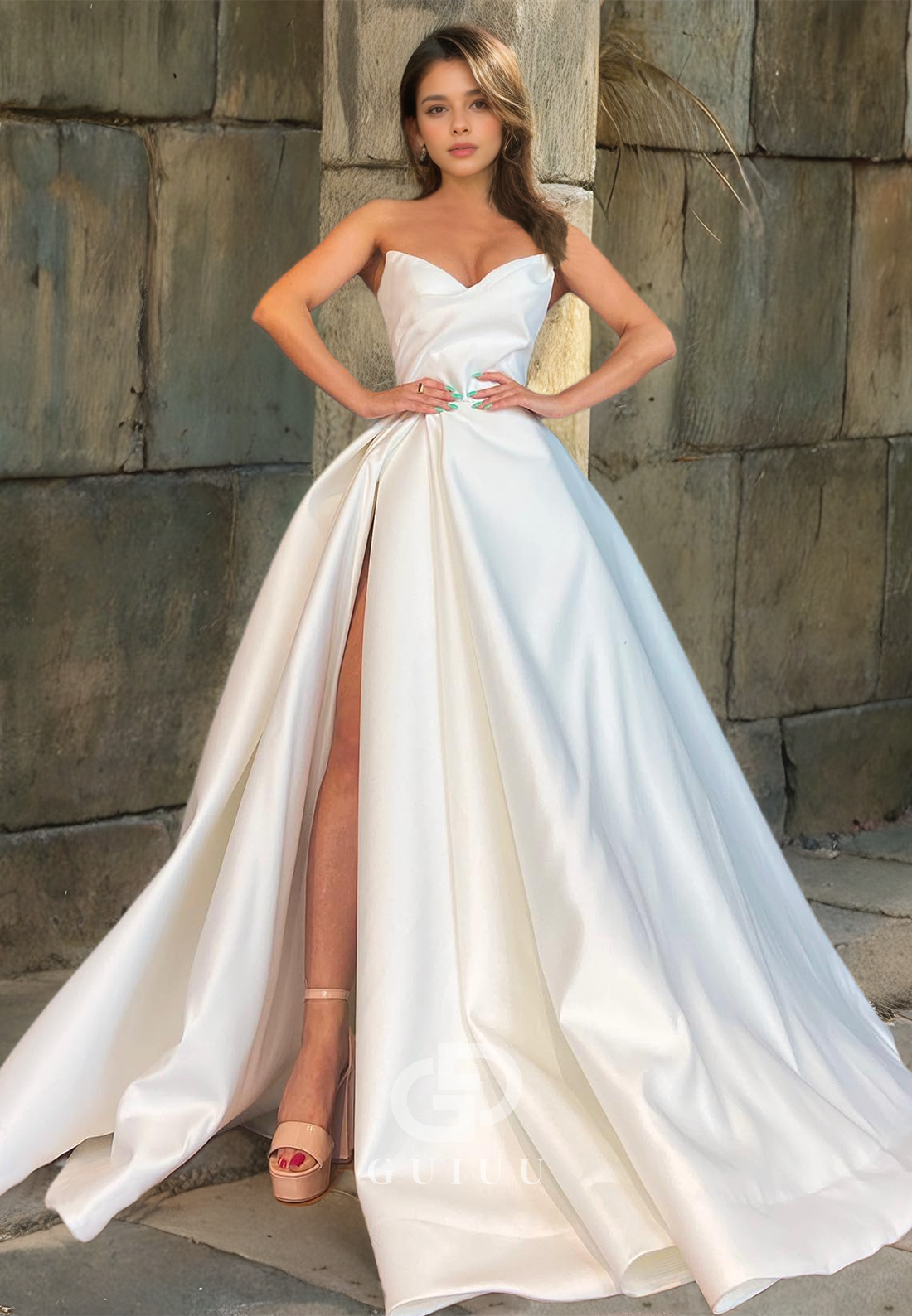 A-Line V-Neck Strapless Ruched Prom Dress with High Side Slit