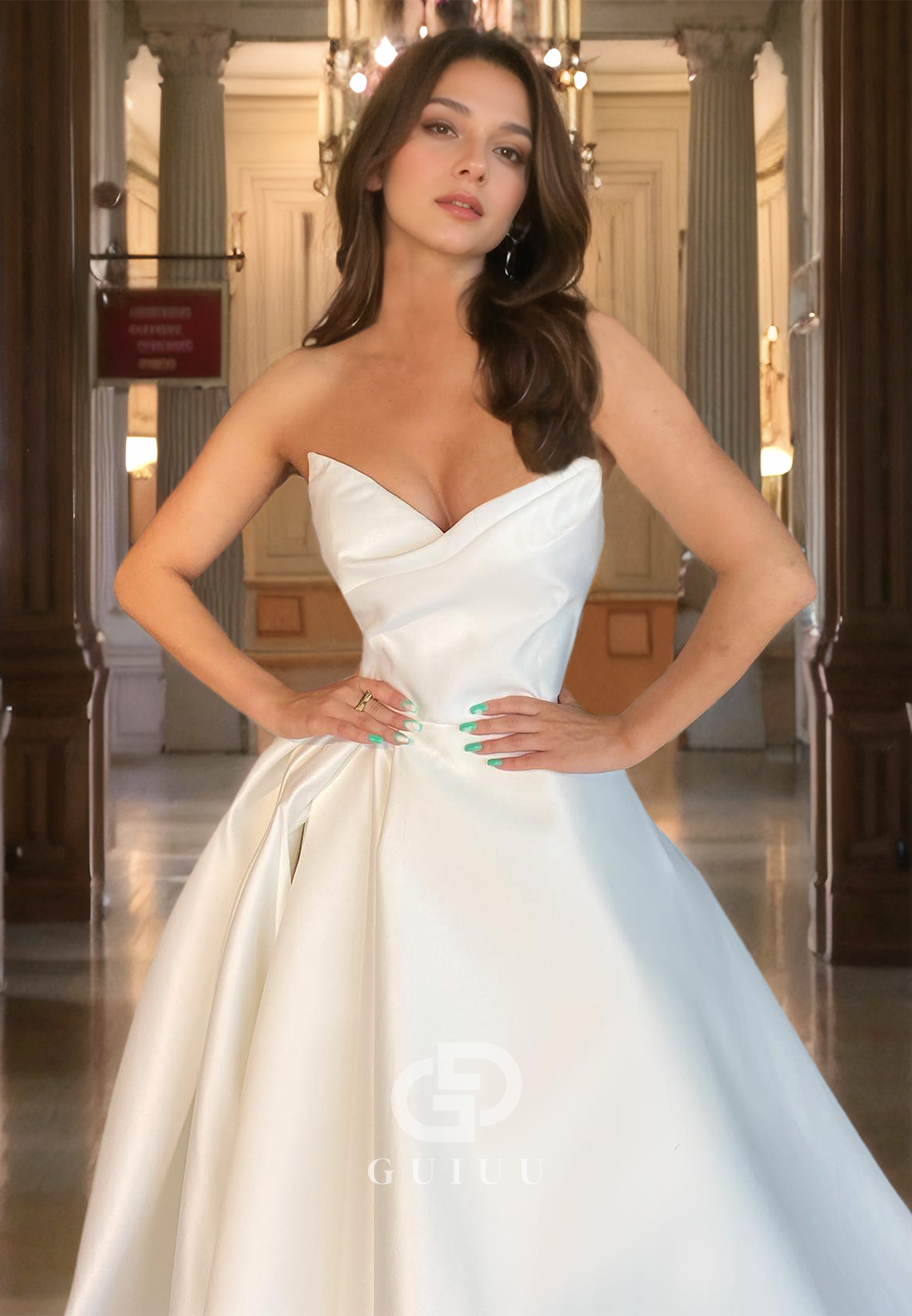 A-Line V-Neck Strapless Ruched Prom Dress with High Side Slit