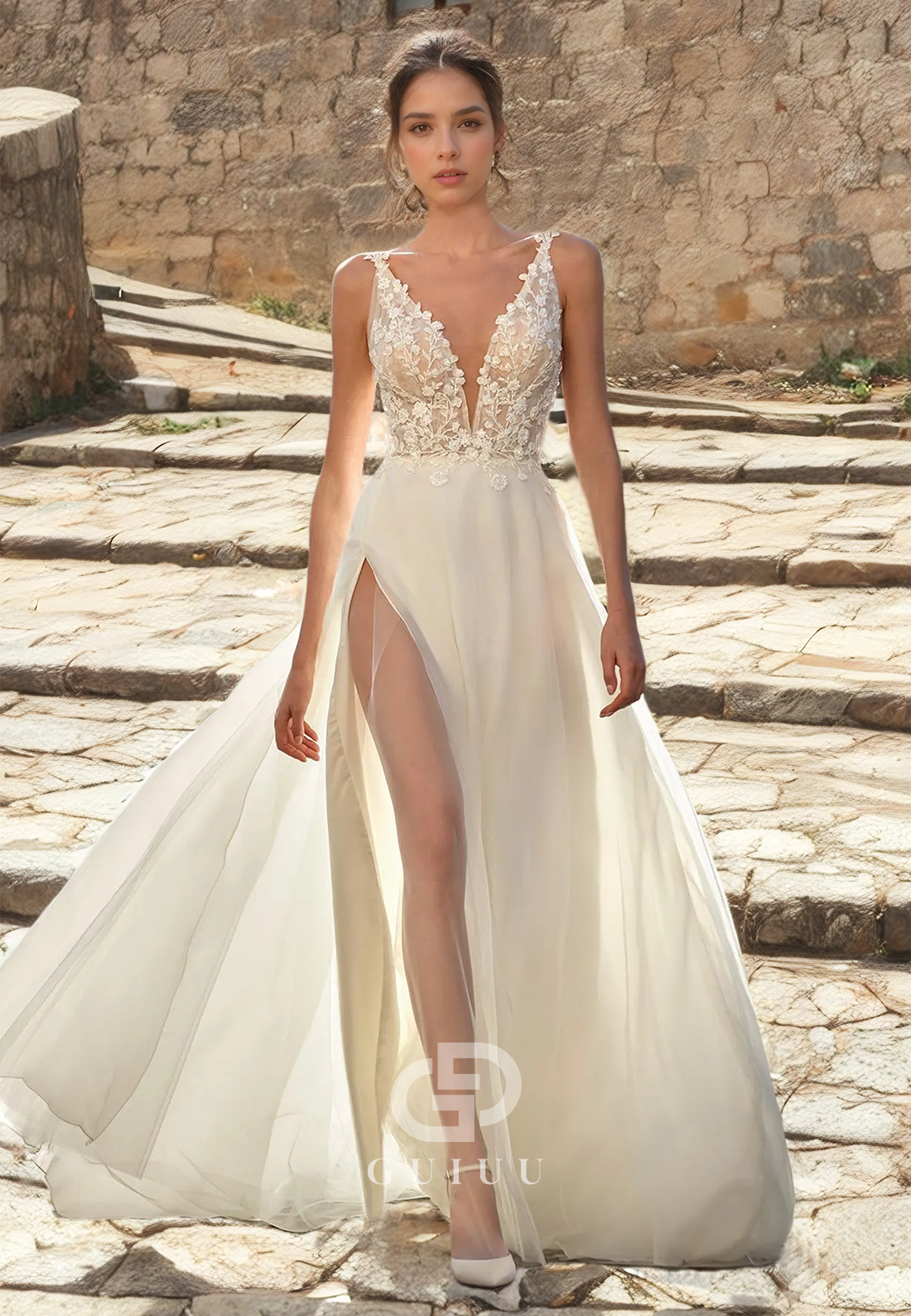 A-Line Wedding Dress Open Back V-Neck with High Side Slit and Lace Appliques