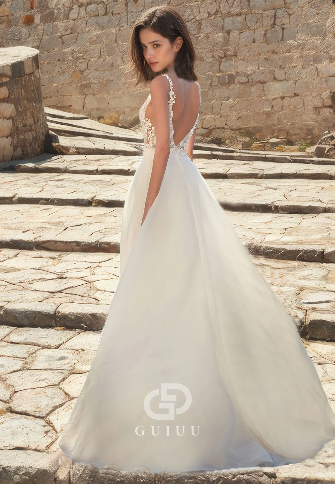 A-Line Wedding Dress Open Back V-Neck with High Side Slit and Lace Appliques