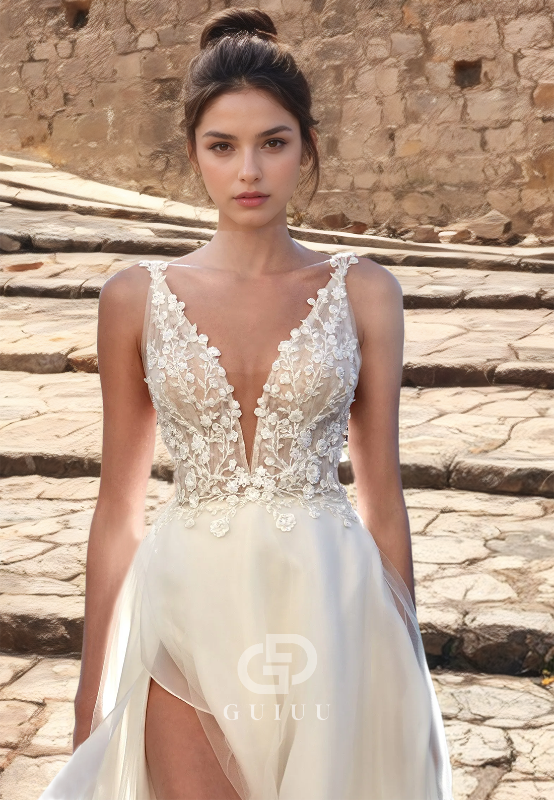 A-Line Wedding Dress Open Back V-Neck with High Side Slit and Lace Appliques