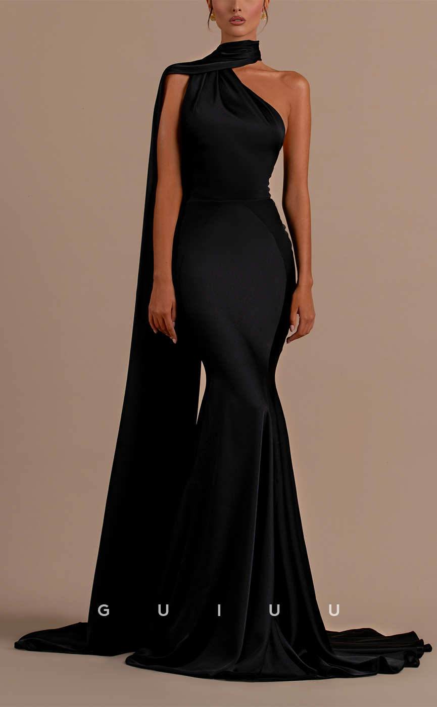 G3259 - Simple & Sheath Balck Halter Satin Long Formal Prom Dresses