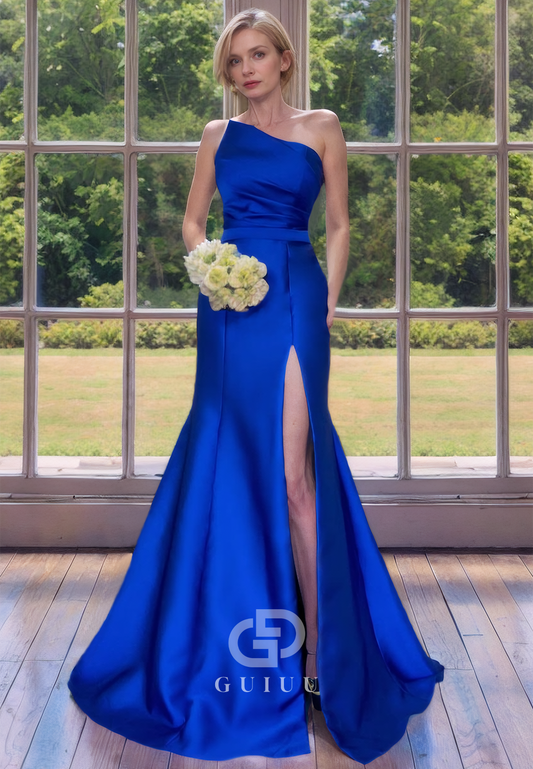 Asymmetrical Royal Blue Trumpet Draped Mother of Bride Dress with Side Slit