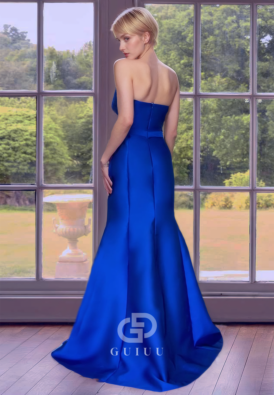 Asymmetrical Royal Blue Trumpet Draped Mother of Bride Dress with Side Slit