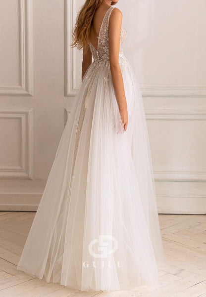 Charming Spaghetti Straps V-Neck Corset Tulle Lace Wedding Dress