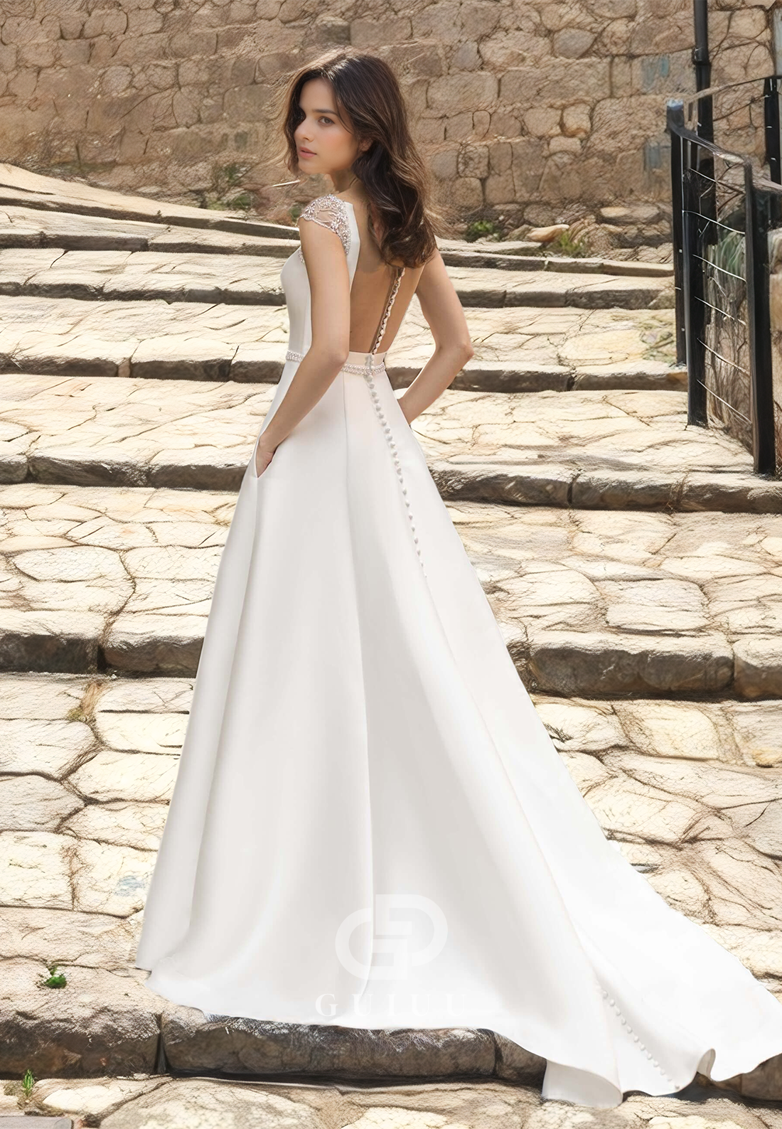 Beaded A-Line Draped Scoop Sweep Train Wedding Dress with pockets and Buttons