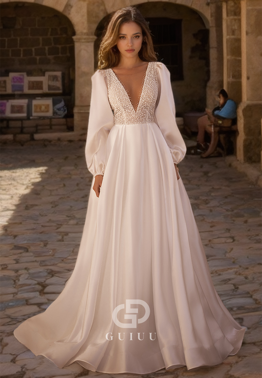 Beaded Plunging V-Neck A-Line Wedding Dress with Long Sleeves