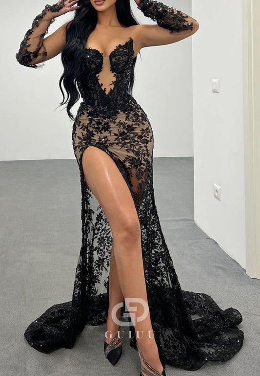 Black Long Sleeves Sweetheart Slit Corset Lace Prom Dress