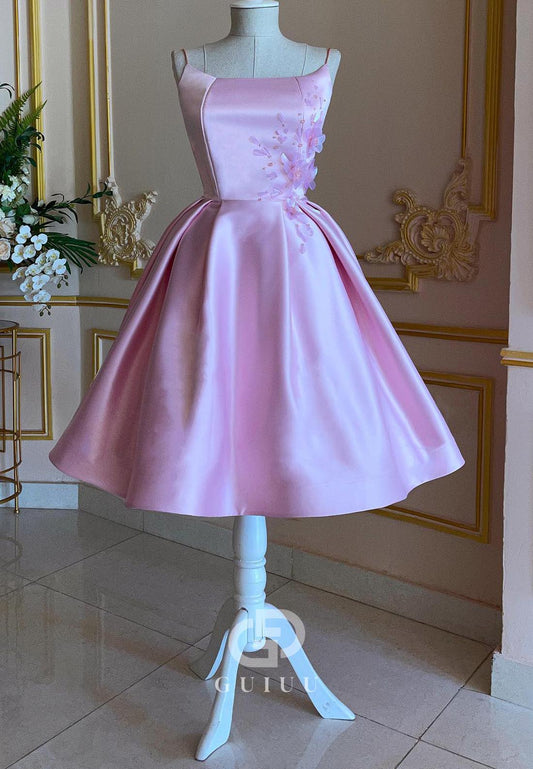 Blushing Pink Spaghetti Straps Scoop Appliques Prom Dress