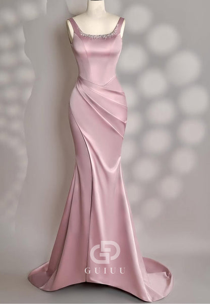 Blushing Pink Spaghetti Straps Square Ruched Evening Dress