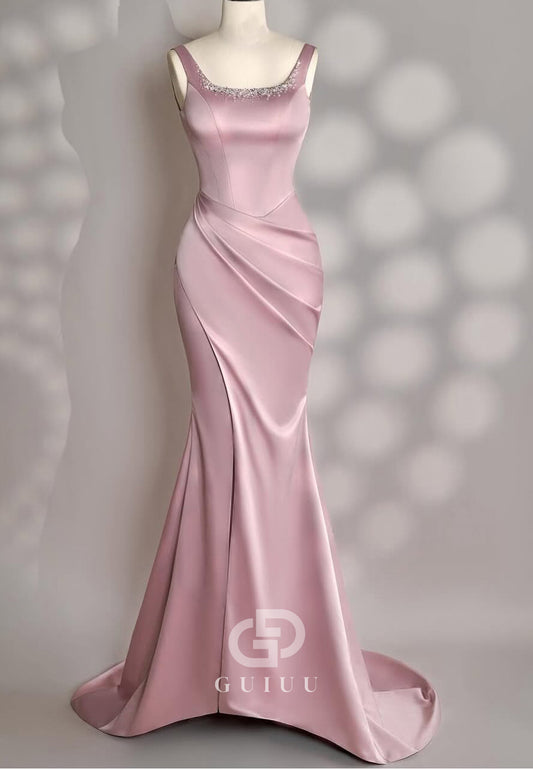 Blushing Pink Spaghetti Straps Square Ruched Evening Dress