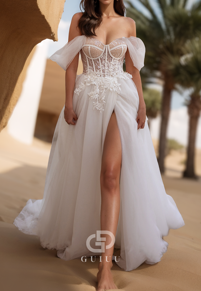 Charming Cap Sleeves Corset Tulle Appliques Slit Lace Wedding Dress