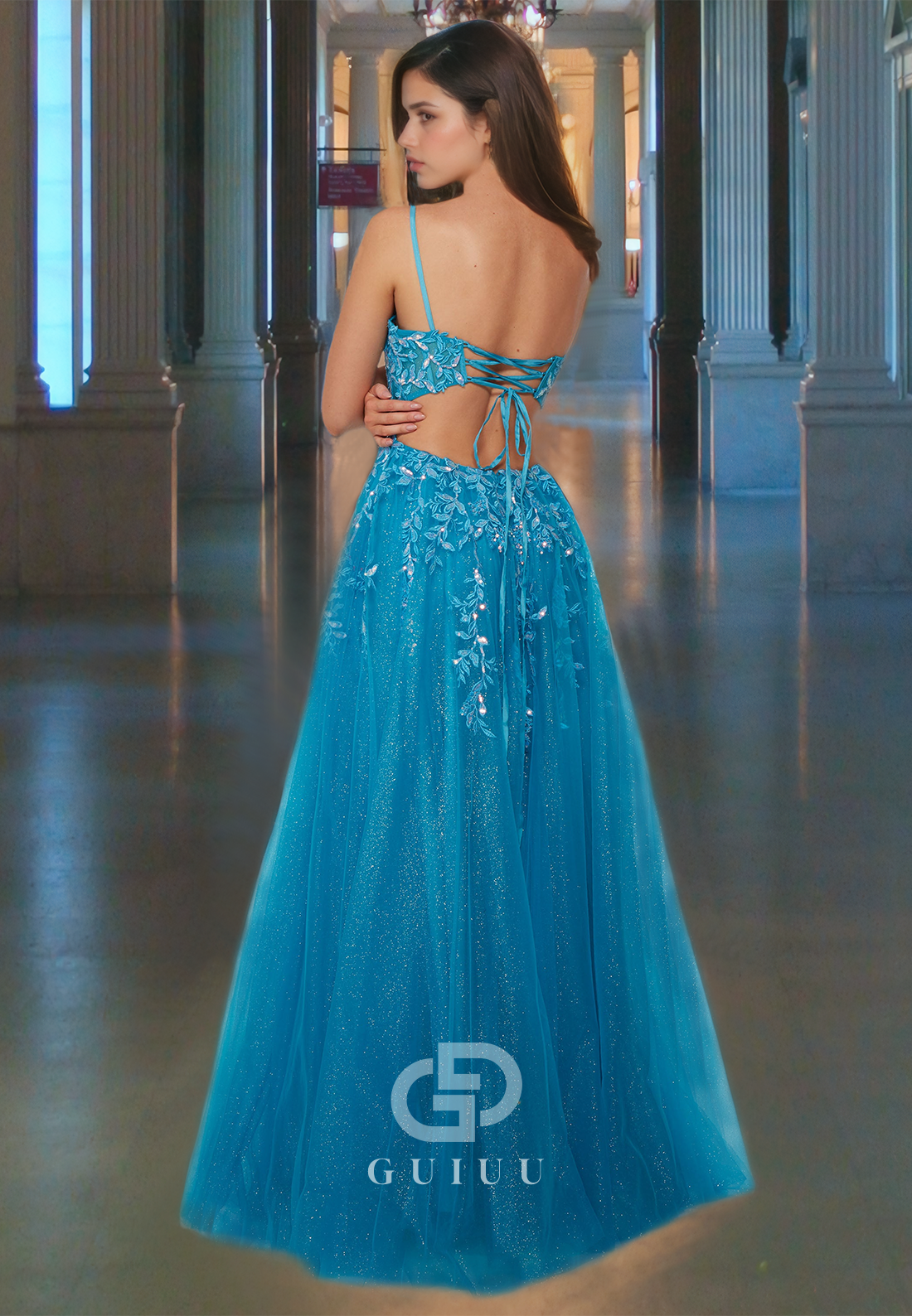 Charming Crystal Beaded Lace-Up  A-Line Prom Dress with Side Slit and Lace Appliques