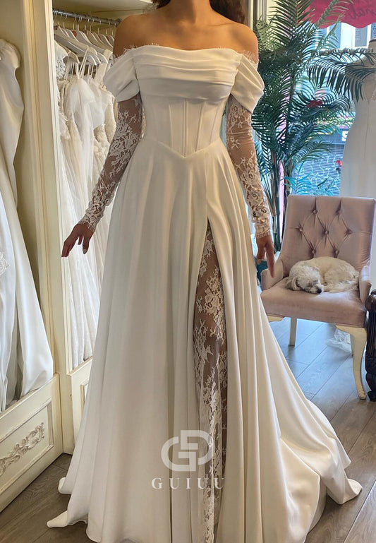 Charming Long Sleeves Off-Shoulder Slit Satin Wedding Dress