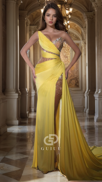 Charming Sequined One Shoulder Draped Prom Dress with High Side Slit and Sweep Train