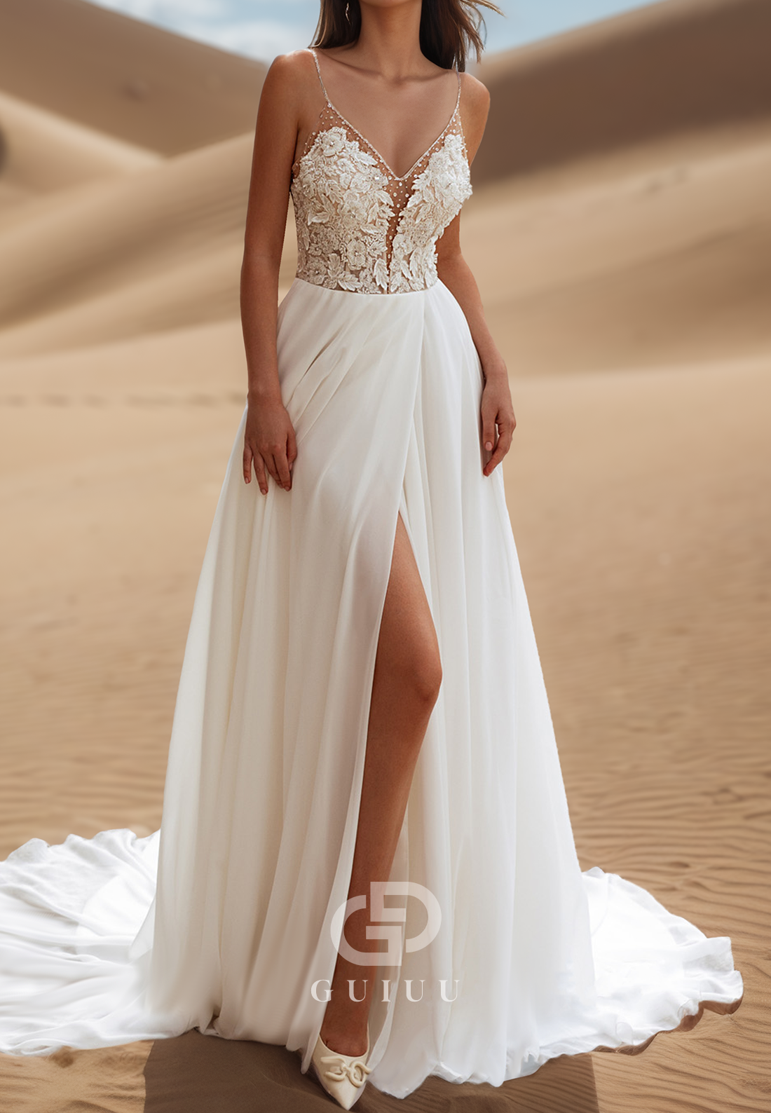 Charming Spaghetti Straps V-Neck Corset Tulle Slit Lace Wedding Dress