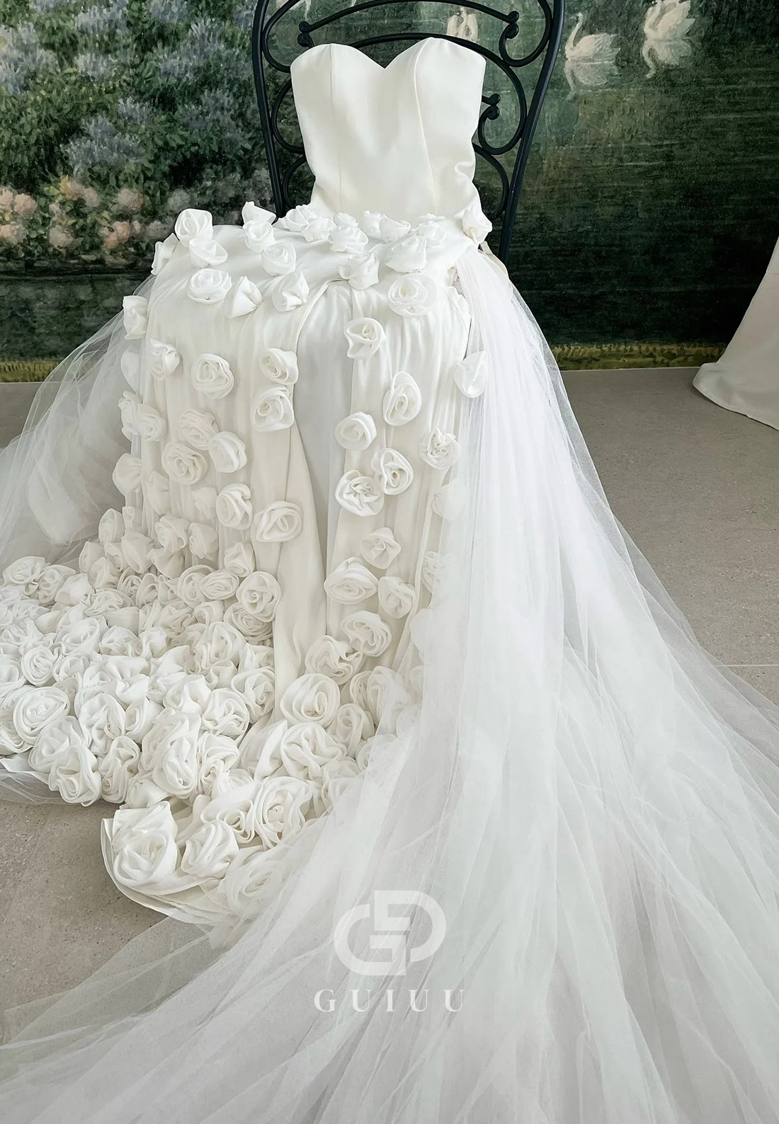 Charming Mermaid Strapless Long Tulle Prom Dress with 3D Flowers