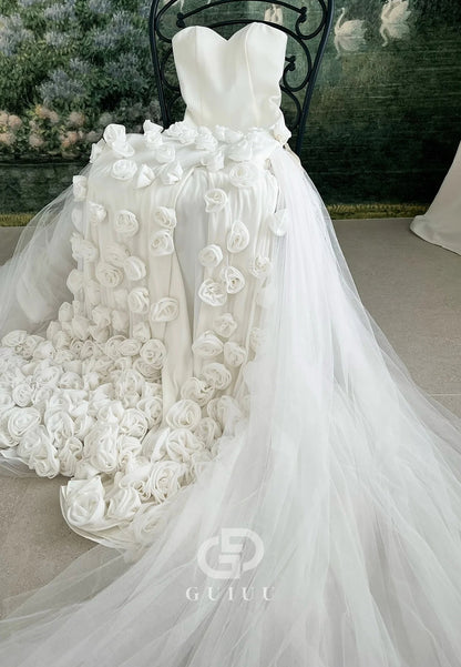 Charming Mermaid Strapless Long Tulle Prom Dress with 3D Flowers