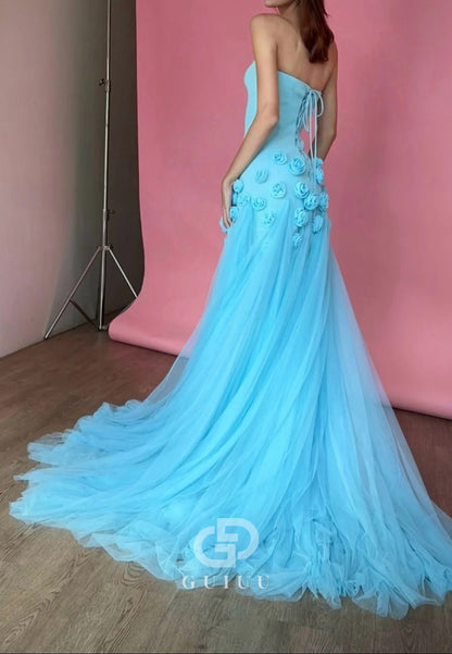 Charming Mermaid Strapless Long Tulle Prom Dress with 3D Flowers
