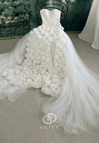 Charming Mermaid Strapless Long Tulle Prom Dress with 3D Flowers
