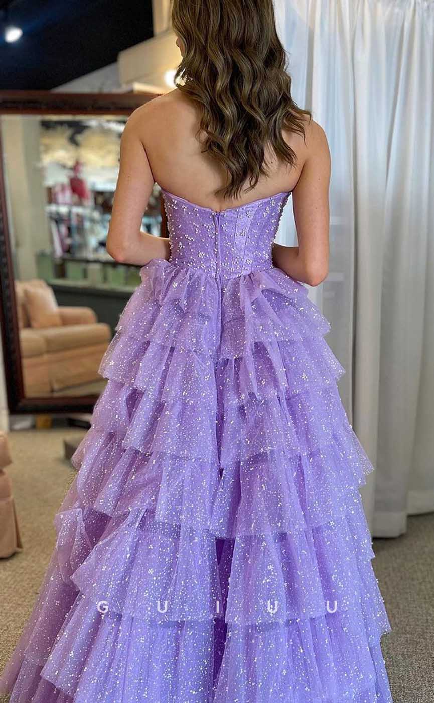 G4486 - Chic & Cute A-Line Strapless Sleeveless Purple Tulle Tiered Shiny Long Party Prom Evening Gown