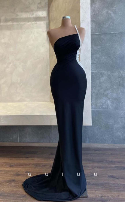 G3202 - Elegant & Luxurious One Shoulder Beaded Black Long Formal Prom Dresses