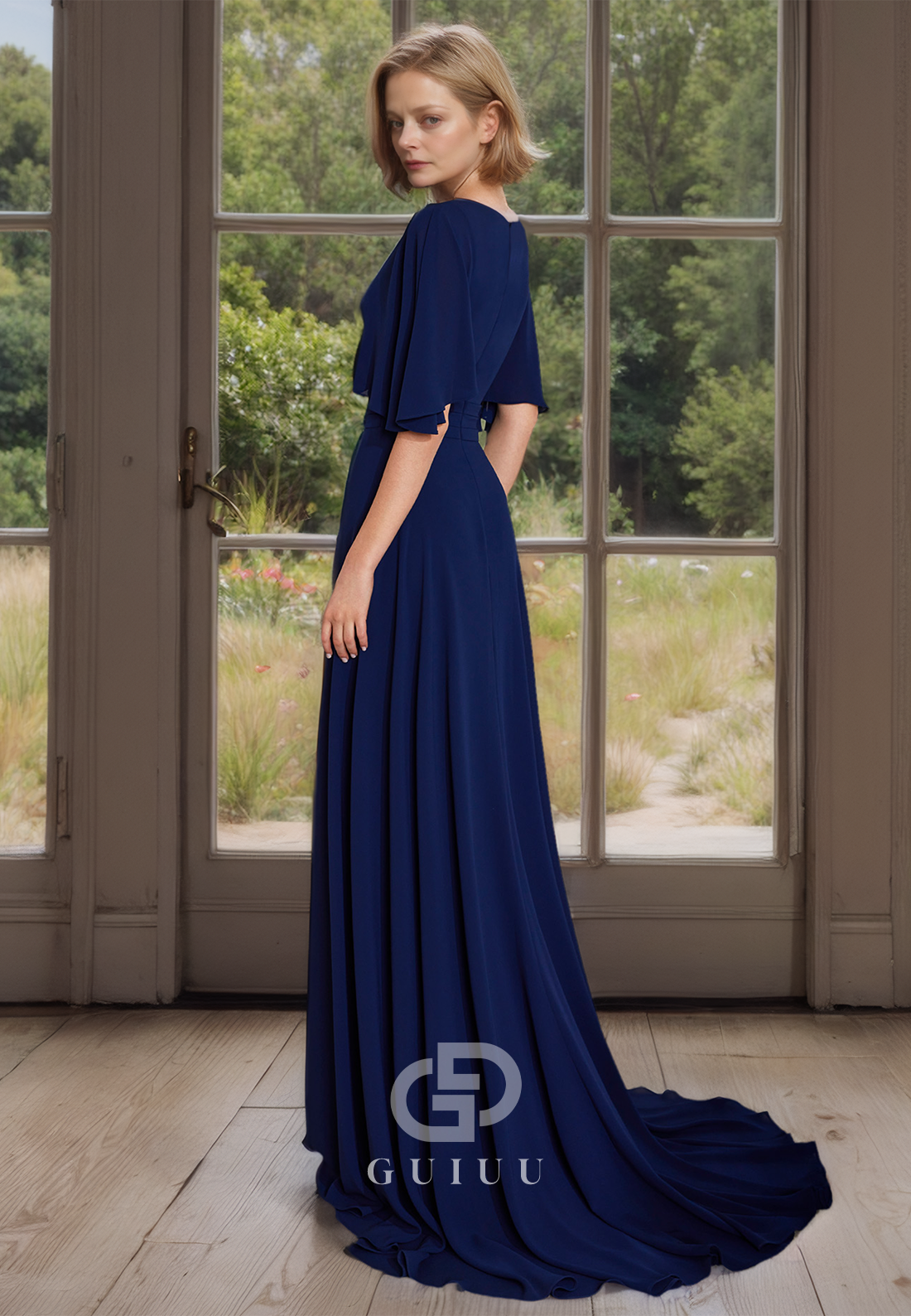 Dark Navy V-Neck Short Sleeves Mother of Bride Dress Sweep Train Formal Dress