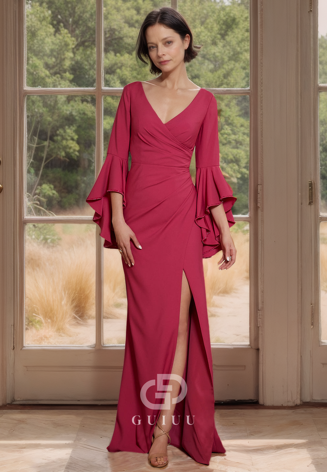 Draped Sheath V-Neck Ruffle Sleeves Mother of Bride Dress with Side Slit