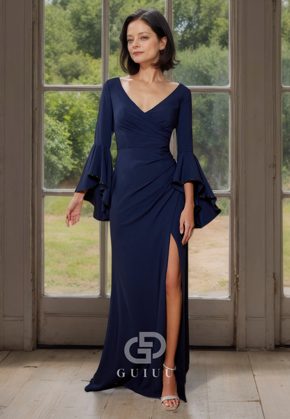 Draped Sheath V-Neck Ruffle Sleeves Mother of Bride Dress with Side Slit