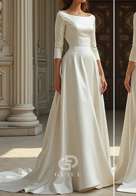 Elegant Long Sleeves Scoop Corset Satin Wedding Dress