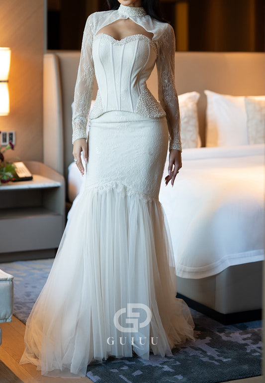 Elegant Long Sleeves Sweetheart Corset Lace-Up Back Wedding Dress