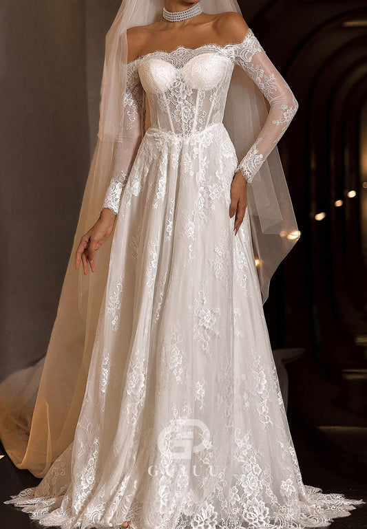 Elegant Long Sleeves Sweetheart Corset Tulle Wedding Dress