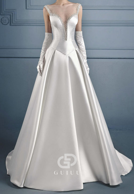 Elegant Scoop Half Sleeves Sequins A-Line Wedding Dress
