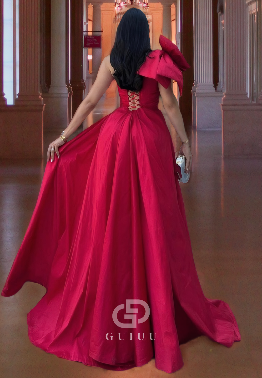 Fuchsia Asymmetrical Ruched A-Line Prom Dress with Side Slit  and  Big Bowknots