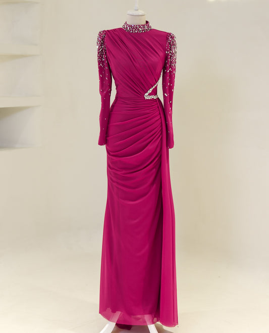 Fuchsia High Neck Long Sleevs Ruched Beads Formal Evening Dress