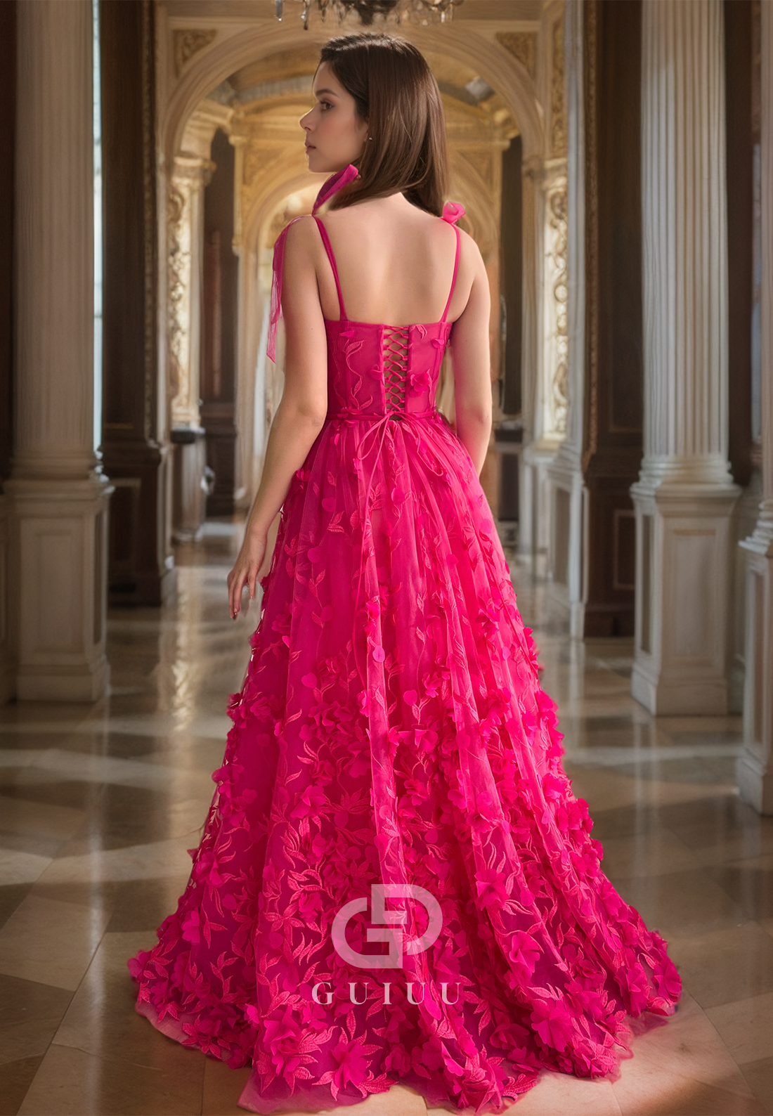 Fuchsia Square A-LIine Strappy Floral Embossed Prom Dress with High Side Slit