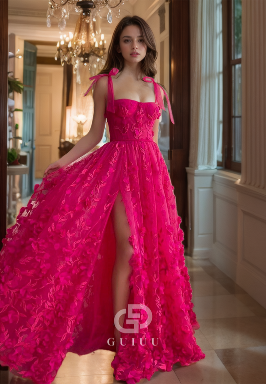 Fuchsia Square A-LIine Strappy Floral Embossed Prom Dress with High Side Slit