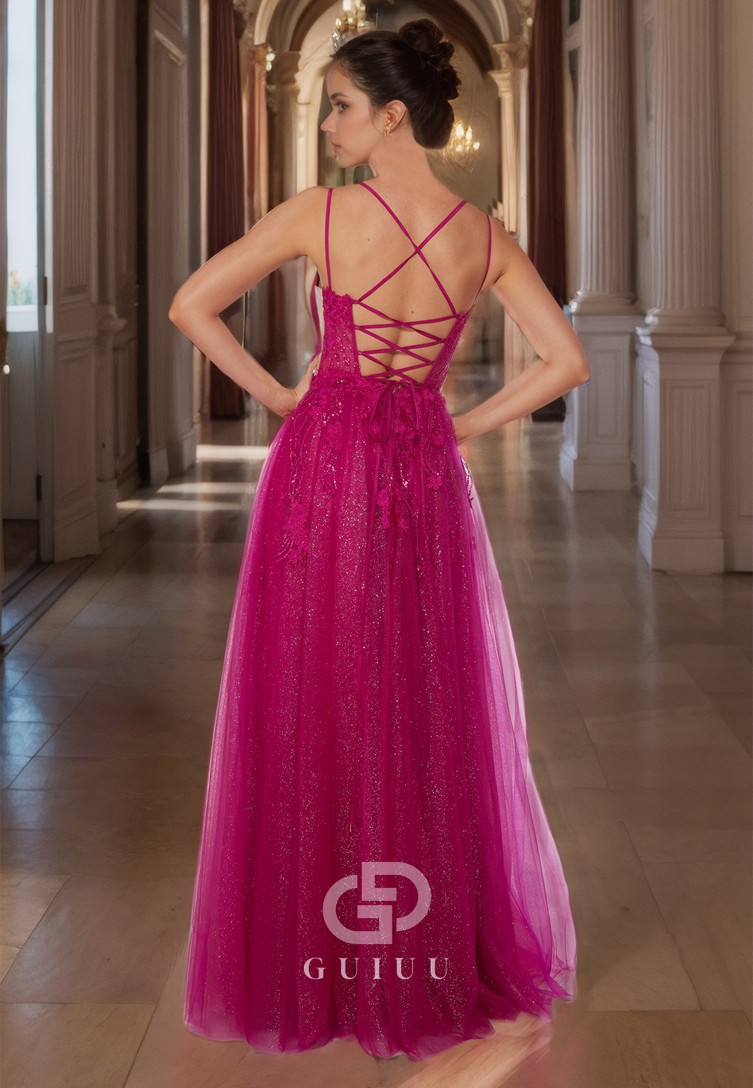  Fuchsia Tulle A-Line Lace-Up Sequined Ruched Prom Dress with Side Slit and Lace Appliques