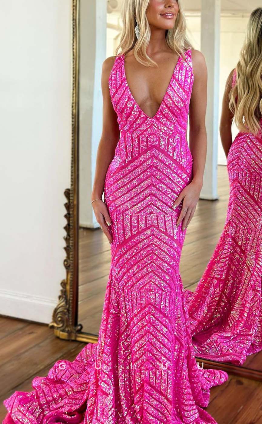 G2381 - Sexy Sheath V-Neck Sequins Mermaid Prom Evening Dress