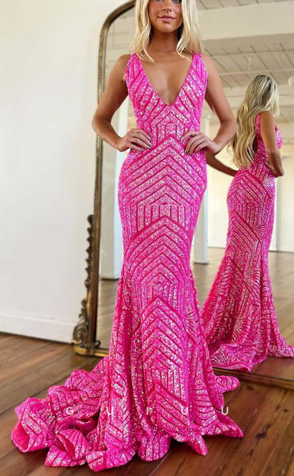 G2381 - Sexy Sheath V-Neck Sequins Mermaid Prom Evening Dress