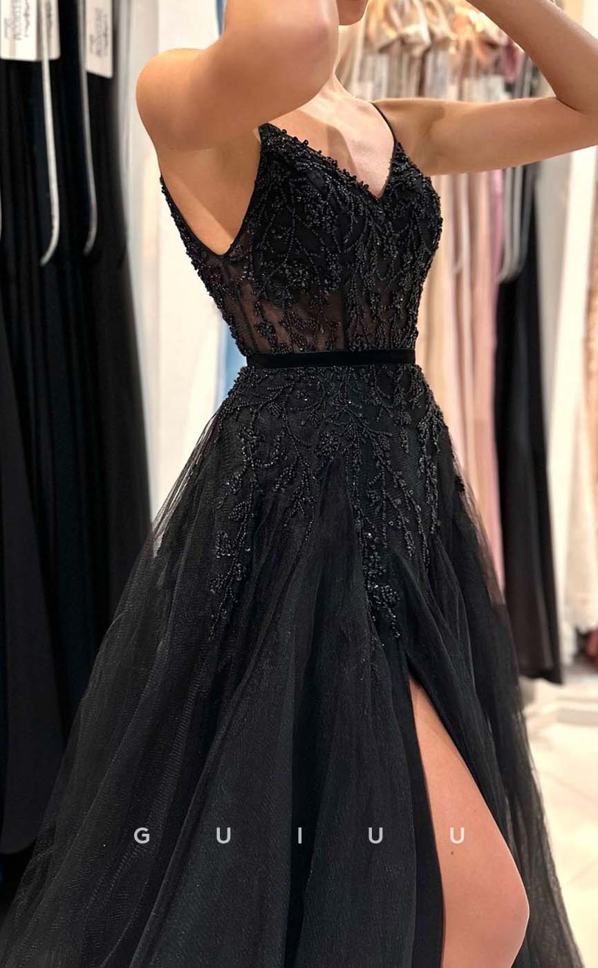 G2384 - Sexy Hot A-Line Straps Tulle Sheer Evening Prom Dress With Slit